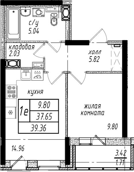 1-комнатная квартира 39.36 м², 8/25 эт., ЖК «Северная Долина»